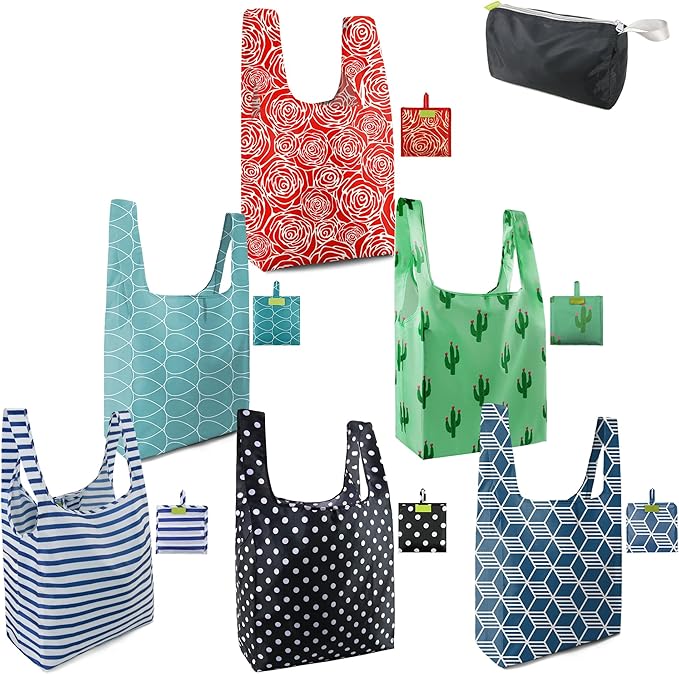 BeeGreen Geometry Reusable Grocery Bags Bulk 6 Packs X-Large, Reusable Shopping Bags Foldable for Groceries, Vegetables, Fruits Watertight Bulk Tote Bags (Cactus Rainbow Polka Dot Red Rose