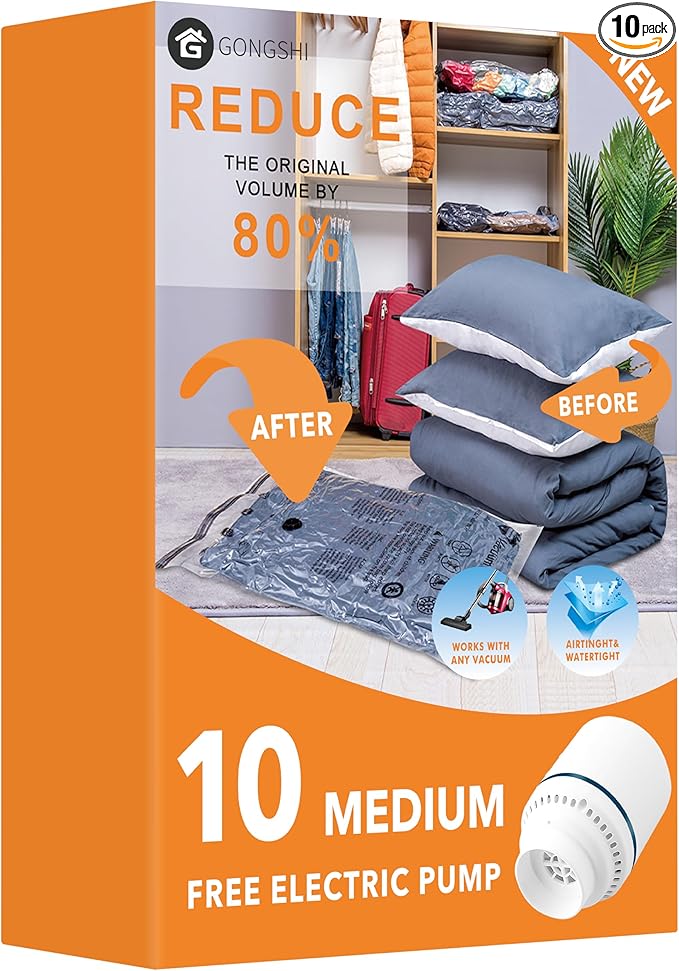 GONGSHI Vacuum Storage Bags, Space Saver Bags for Clothing,Blankets,Comforters, Pillows, Clothes,Travel,10 Medium-EPUMP