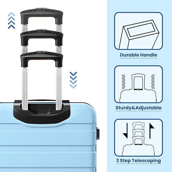 AnyZip Luggage Sets 3 Piece Hardshell Suitcase Set PC ABS Lightweight Travel Suitcases with 4 Double Spinner Wheels TSA Lock 20 24 28 Inch Light Blue