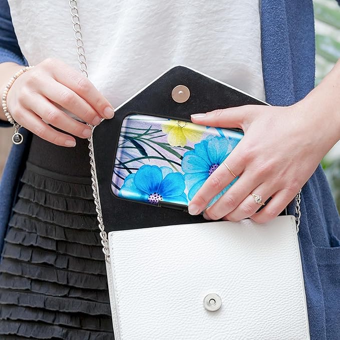 Mayski Credit Card Holder, RFID Blocking, Aluminum Alloy Hard Case, Small Mini Business Metal Wallet for Women Men, Blue Flower