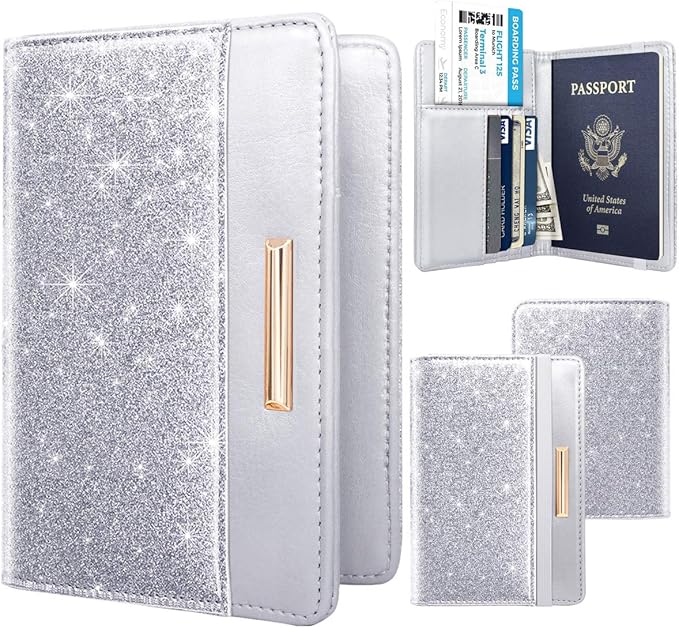 Passport Holder Cover Women's Travel Wallet RFID Blocking Cute Slim Passport Wallet with Elastic Band, Silver
