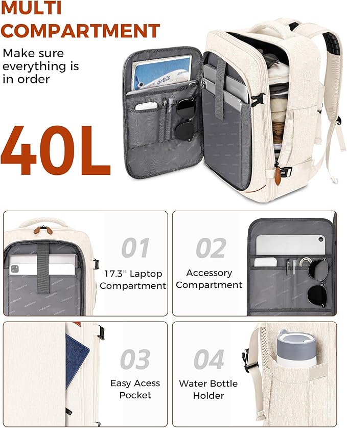 Vancropak Travel Backpack for Women, Airline Approved Carry On Backpack with 3 Packing Cubes, Expandable Large 40L Travel Bag fits 17" Laptop, Anti Theft Luggage Suitcase Weekend Daypack, White Brown