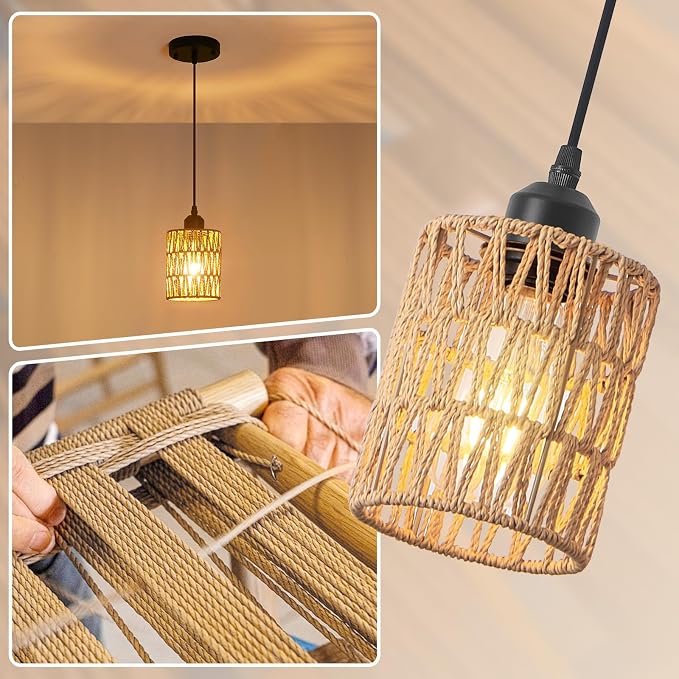 Boho Rattan Pendant Light for Kitchen Island Round Hanging Lamp | Handwoven Rattan Shade Adjustable Height 10-57 Inch E26 Base Farmhouse Chandeliers for Kitchen Islands And Dining Rooms
