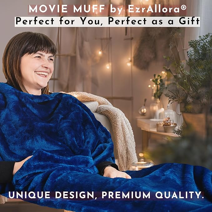 Premium Double Layer Foot Pocket Blanket -Patent Pending- TV Throw - Gamer Gifts for Men Who Want Nothing - Lap Blanket (Double Layer Sherpa-Fleece, Velvet Blue)