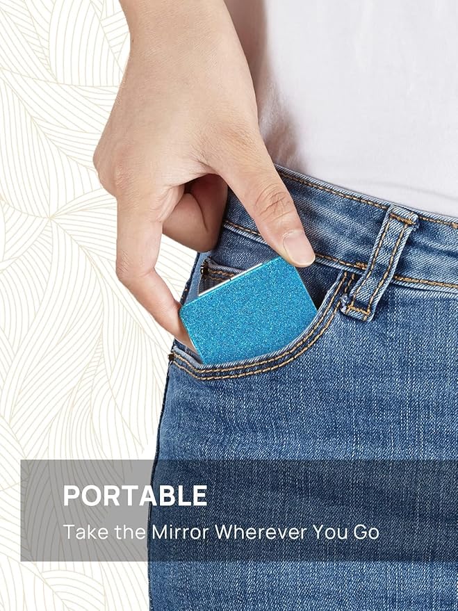 OMIRO Compact Mirror, Glitter PU Leather 1X/3X Magnification, Ultra Portable for Purses, 2.4" W x 3.4" L (Blue)