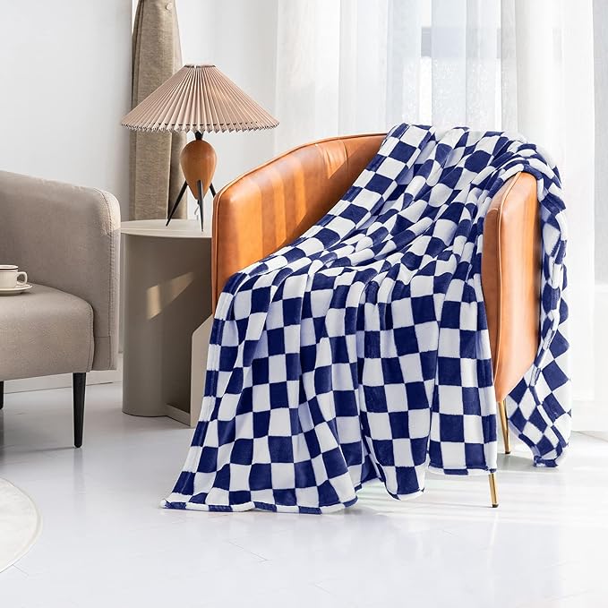 LOMAO Throw Blankets Flannel Blanket with Checkerboard Grid Pattern Soft Throw Blanket for Couch, Bed, Sofa Luxurious Warm and Cozy for All Seasons (Dark Blue, 40"x60")