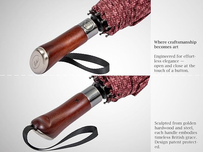 Balios (Designed in UK) Travel Umbrella Luxurious Golden Hardwood Handle Auto Open & Close Windproof Frame Single Canopy Automatic Folding Umbrella Men's & Ladies