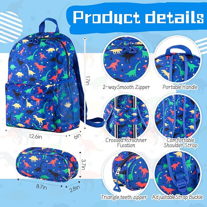 Redbaker 17 Inch 6 Pcs Kids Luggage Set Kids Rolling Luggage Double Pattern Suitcase for Boys Girls (Dark Blue, Dinosaur Style)