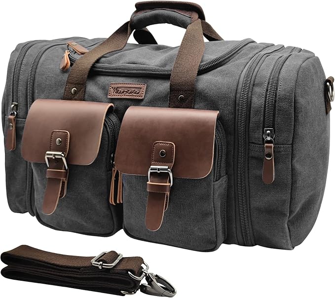 Wildroad 50L Travel Duffel Bag, Expandable Canvas Genuine Leather Duffle Bag Upgraded Overnight Weekender Carry on Bag
