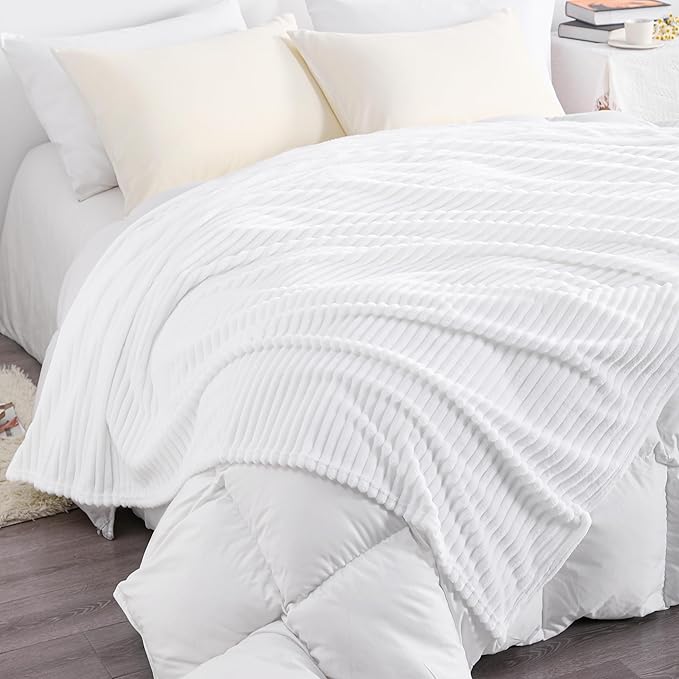 NTBAY Plush Flannel Twin Bed Blanket, 60X80 Inches Soft and Warm Lightweight Blanket with Striped Texture Bed Blanket for Couch Sofa Bed All Seasons, 60"x80", White