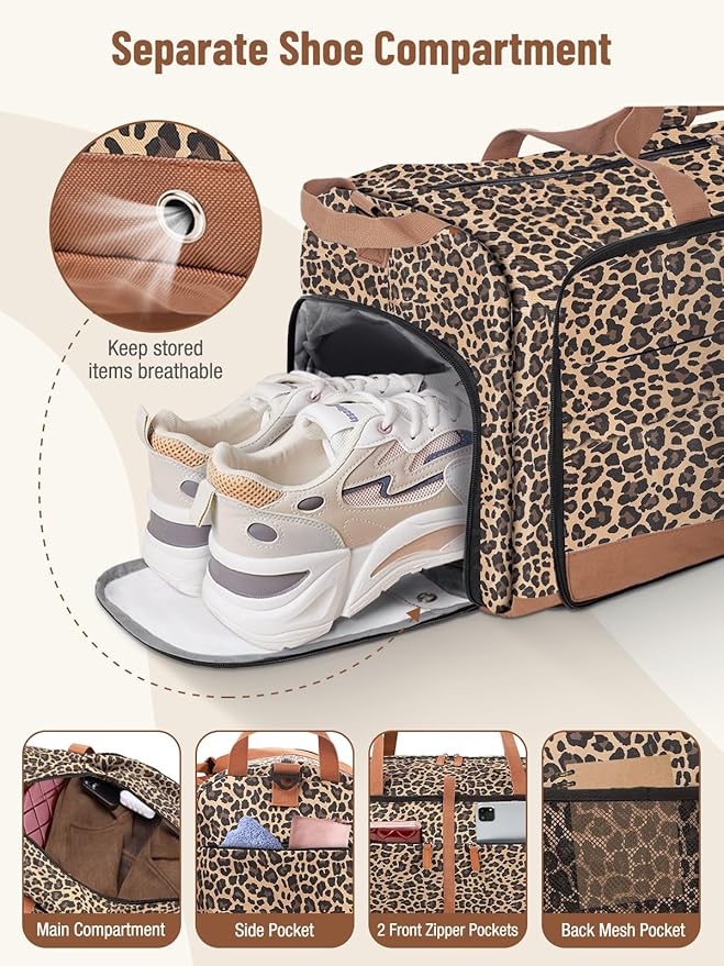 Lekesky Foldable Travel Duffel Bag for Women, 80L Large Duffle Bag with Separate Shoes Compartments & Straps, Carry On Weekend Bag for Women, Hospital, Overnight(Leapord)
