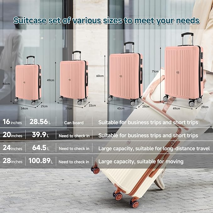 Hoteel 20Inch Luggage 3-piece Set, 360° Universal Suitcases with Wheels Hard Shell Suitcase with TSA Lock, Including Waterproof Luggage Bag, Travel Maletas for Men and Women,Pink