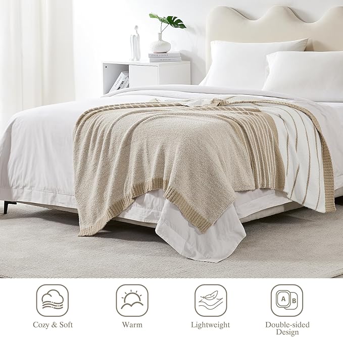 Throw Blanket, Taupe White Soft Cozy Fluffy Striped Throw Blankets for Couch, Sofa, Bed, Chair, Warm Fuzzy Plush Lightweight Decorative Stripe Blanket, 50x60 inches