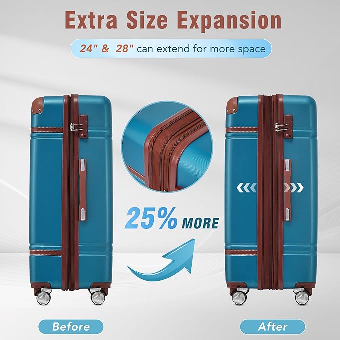 Merax Luggage Set 3 Piece Suitcase Set with Cosmetic Case Expandable Spinner Wheels Vintage Luggage Sets(Blue,20"+24"+28")