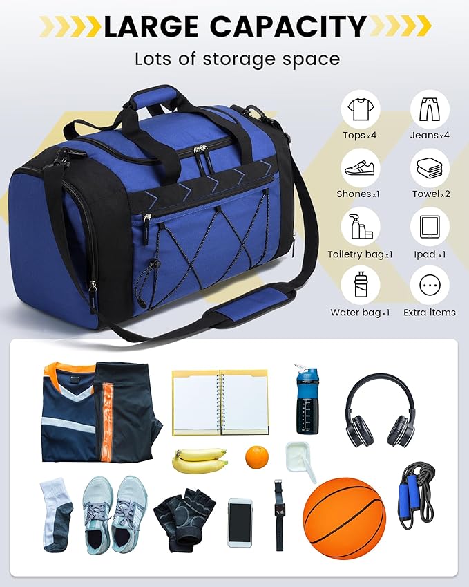 Vorspack Gym Bag for Men - 21 Inches Duffle Bag for Travel Water-resistant Travel Bag with Shoe Compartment Wet Pocket Duffel Bag for Gym Sports Travel Weekender Overnight - Blue