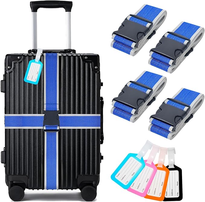 BILIONE 8 Pack Luggage Straps and Tags Set for Suitcase, 4 Vibrant Color Straps and 4 Tags, Premium Suitcase Belts Accessory for Travel (Gray-Blue)