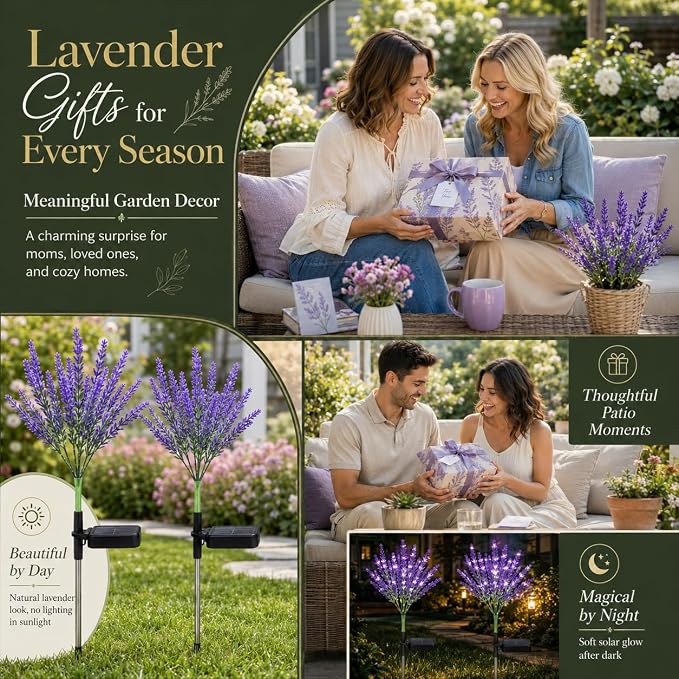 Geegoods Lavender Solar Garden Lights, 2 Pack Outdoor LED Flowers | 2 purple lavender solar flowers with LEDs; auto on/off, IP65 waterproof stakes for pathway, yard, patio and Halloween decor