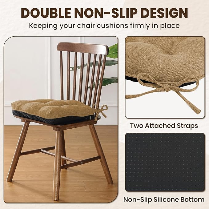downluxe Indoor Chair Cushions for Dining Chairs, Tufted Overstuffed Textured Kitchen Chair Pads with Ties and Non-Slip Backing, 15.5" x 15.5" x 4", Taupe, 4 Pack
