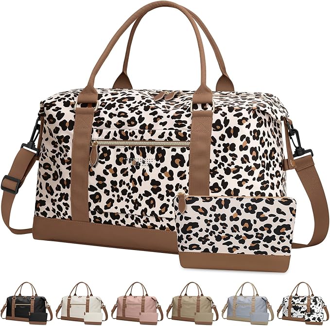 Travel Duffle Bag for Women, Weekender Bags, Hospital Bag for Labor Delivery, Lightweight Tote Duffel Overnight Bag with Luggage Sleeve, Airplane Travel Bags with Toiletry Bag,Large,Leopard