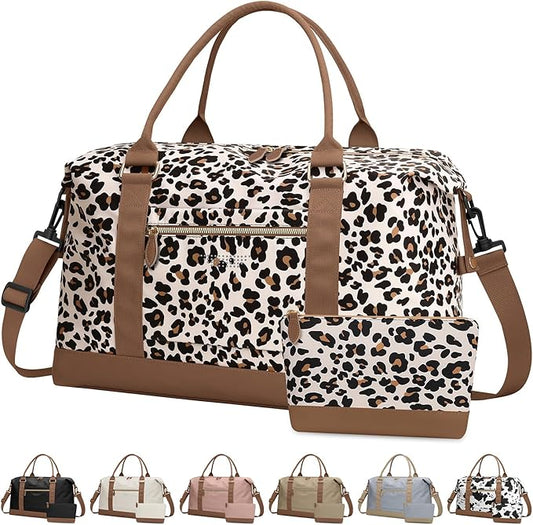 Travel Duffle Bag for Women, Weekender Bags, Hospital Bag for Labor Delivery, Lightweight Tote Duffel Overnight Bag with Luggage Sleeve, Airplane Travel Bags with Toiletry Bag,Large,Leopard