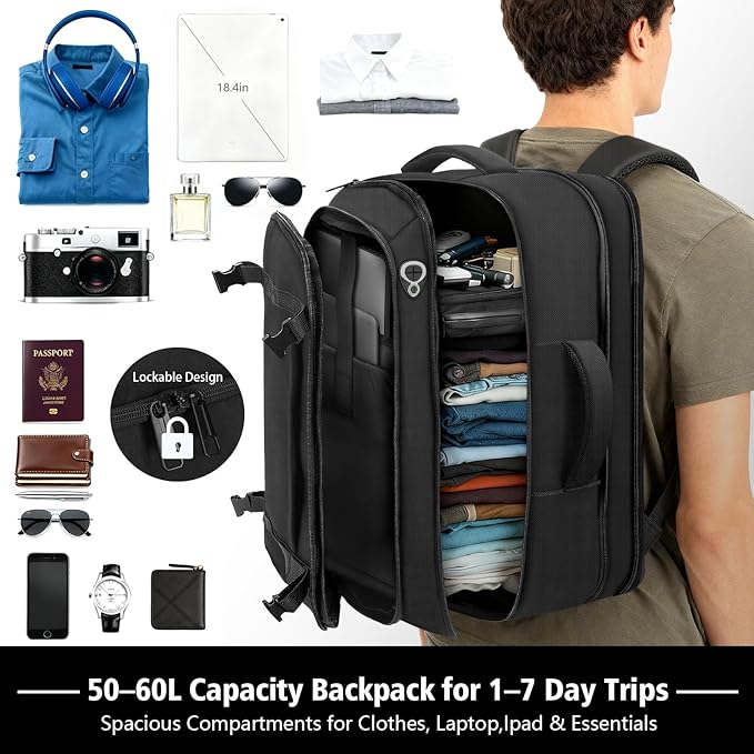 Roomy Carry On Backpack with LifetimeWarranty, Expandable Large Capacity Travel Backpack with USB Cable Port,Fits18.4" Laptop,Water Resistant Anti Theft Carry on Laptop Backpack,Flight Approve,Black