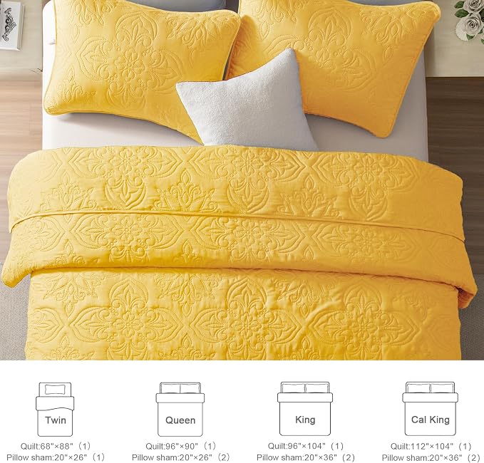 Whale Flotilla King Quilt Bedding Set Vintage Damask Reversible Bedspread | Suitable for Bed, 3 Pieces Yellow Lightweight Breathable Quilt King Size, Ultrasonic Coverlet Bed Cover with 2 Pillow Shams