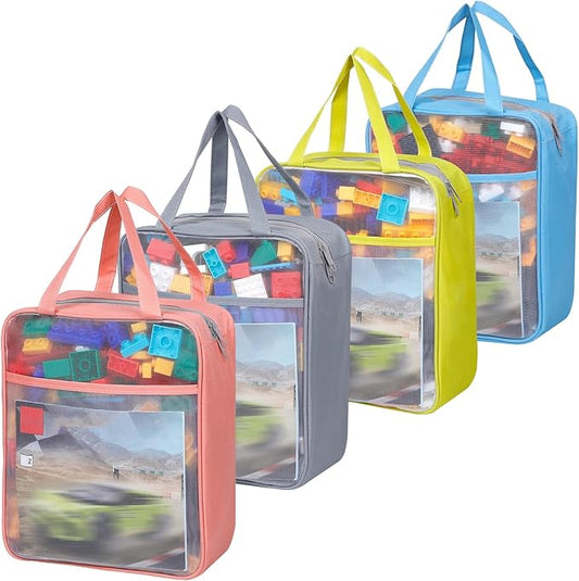 4 Pack Extra Large Mesh Toy Zipper Storage Bags(11.8 * 9.8 * 5.2in),Magnetic Tiles Block Sets Plush Toy Storage Organizer with Pockets, Travel Breathable See Through Colored Pouch with Handle