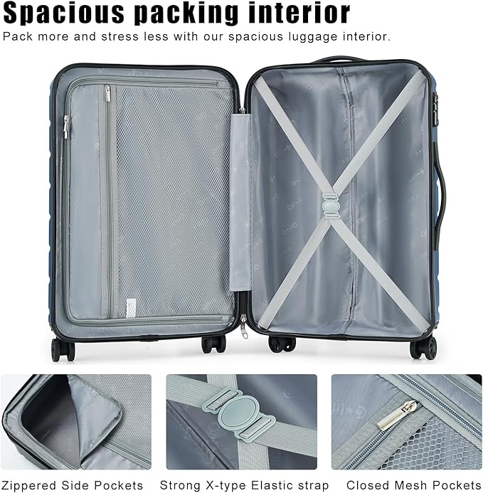 Coolife Luggage Suitcase Carry-on Spinner TSA Lock USB Port Expandable (only 28’’) Lightweight Hardside Luggage (Ice Blue, S(20in_carry on))