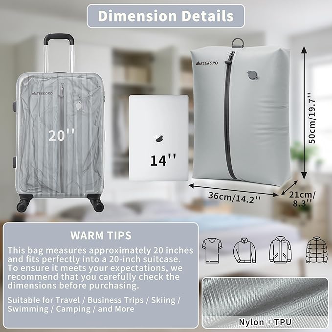 Vacuum Bag for Travel, Professional IPX8 Waterproof Reusable Vacuum Compression Bags for Travel Suitcases, Durable Space Saver Bag(2 PACK,With Pump)