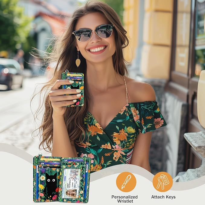 Yonlevres Black Cat Credit Card Holder Slim Wallet, Floral RFID Wallet Women Front Pocket Small Card Holder, Travel Funny Cute Thin Card Case ID Window PU Leather RFID Blocking Card Organizer Girls
