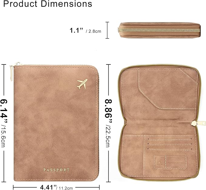 defway Passport Holder Travel Wallet - RFID Passport Holder, Zip Closure Card Cover, PU Leather Travel Wallet, RFID Blocking Secure Document Organizer Travel Essentials (Light Brown)
