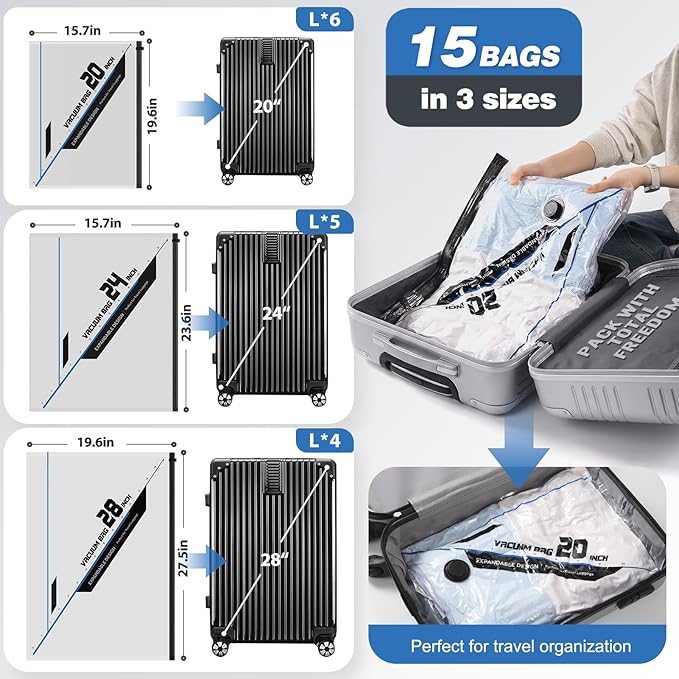 Vacuum Seal Bags for Clothing Travel with Rechargeable Electric Pump, Space Saver Vacuum Storage Bags Travel, Reusable Compression Bags for Luggage Home (15pcs,20/24/28)