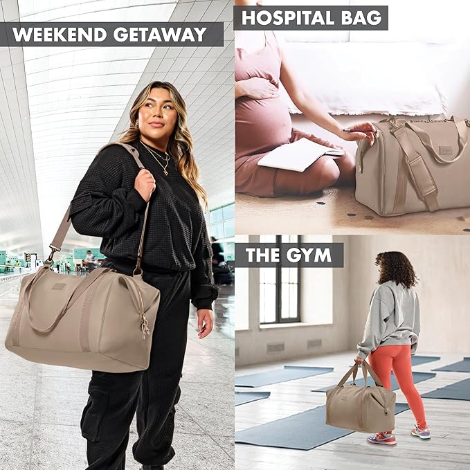 Fit & Fresh Neoprene Weekender Bag for Women – Carry-On Friendly Travel Duffel with Expandable Sides, Trolley Sleeve & Pockets – Lightweight, Water-Resistant Overnight Bag for Weekend Trips + Gym