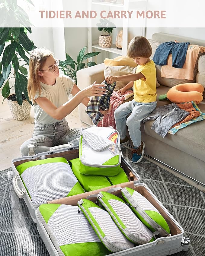 Meowoo 7 Set Compression Packing Cubes for Travel, Durable Ripstop Mesh Suitcase Organizer with Shoe Bag, Ultralight & Expandable Space Saver Travel Cubes
