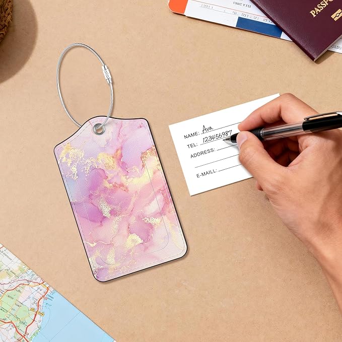 2 Pack PU Leather Luggage Tags for Suitcases, Privacy Protection Cover with Stainless Steel Loop and Address Card, Travel Cruise Essentials (Pink Gold Marble 2)