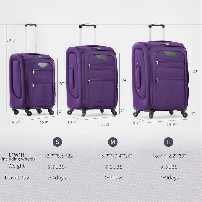 Merax Suitcase Set Softside 3-Piece Expandable Luggage with TSA Lock Spinner Wheels Lightweight Upright Luggage with Travel Bag(22/26/30 IN, Purple)