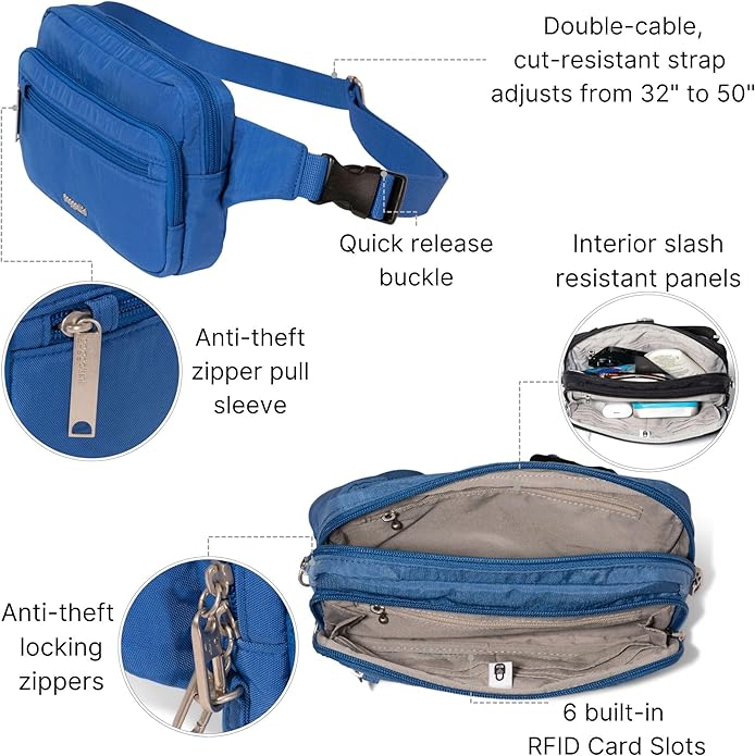 Baggallini Securtex Anti-theft Belt Bag 8.8"x5.5" Crossbody Fanny Pack for Women RFID Wallet Locking Zipper Travel Purse