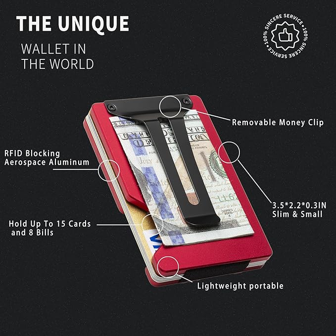 Carbon Fiber Minimalist Wallet for Men Credit Card Holder Money Clip & Cash Strap Slim RFID Mens Wallets(Matte Red)