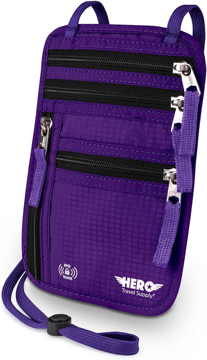 HERO Neck Wallet - RFID Blocking Passport Holder, Easy to Conceal Travel Puch (Purple)