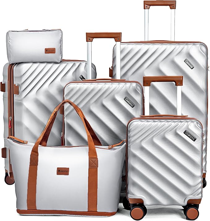 6 Piece Luggage Set Expandable Suitcase 22x14x9 Airline Approved Carry on, ABS Hard Case Suitcases with Spinner Wheels, TSA Lock (Silver)