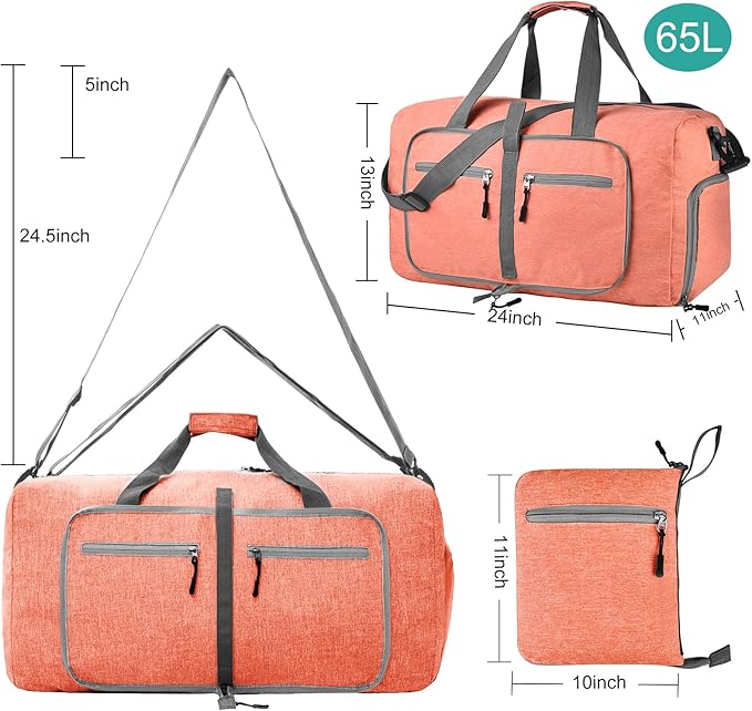 Dimayar 65L Travel Duffle Bag for Men Women - Foldable Duffel Bag with Shoes Compartment - Overnight Bags Waterproof & Tear Resistant(Orange)