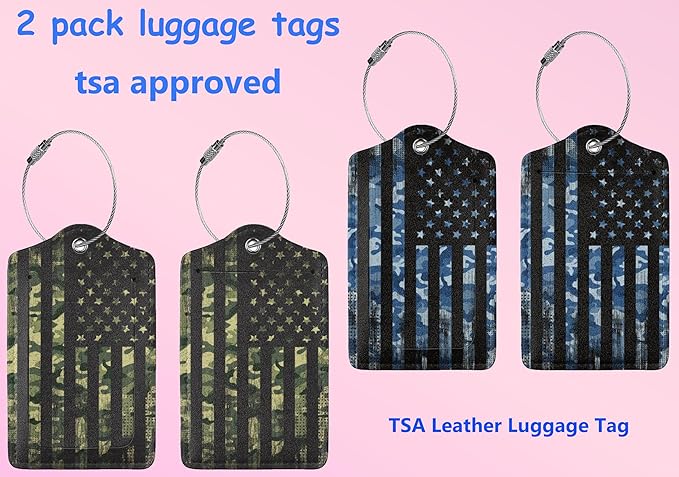 2P Blue Green United States Unique American USA Flag Luggage Tags Privacy Cover ID Label with Stainless Steel Loop and Address Card for Travel Bag Suitcase Funny Cute Man Women Kids