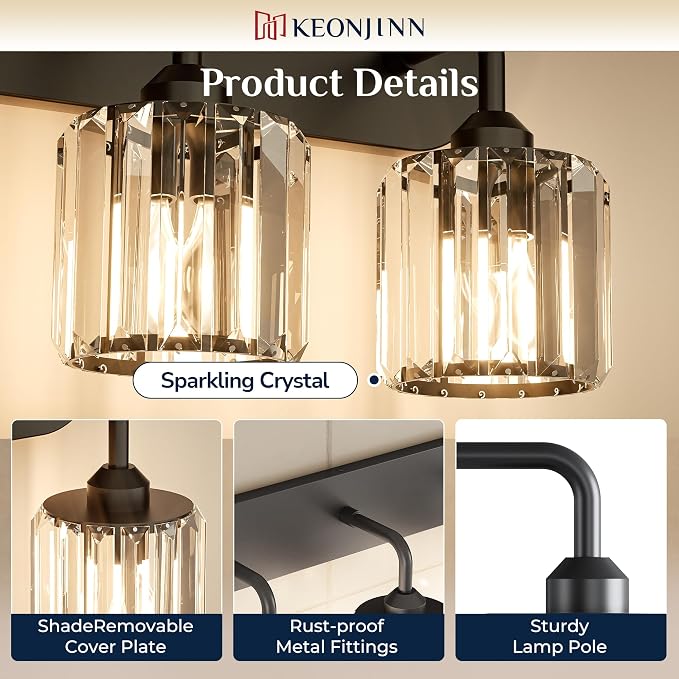 Keonjinn 2-Light Bathroom Light Fixtures Over Mirror, Crystal Black | Bathroom Vanity Lighting Fixture with Crystal Square Shades, Dimmable, Compatible with E26 Base LED Bulbs (Exclude Bulb)