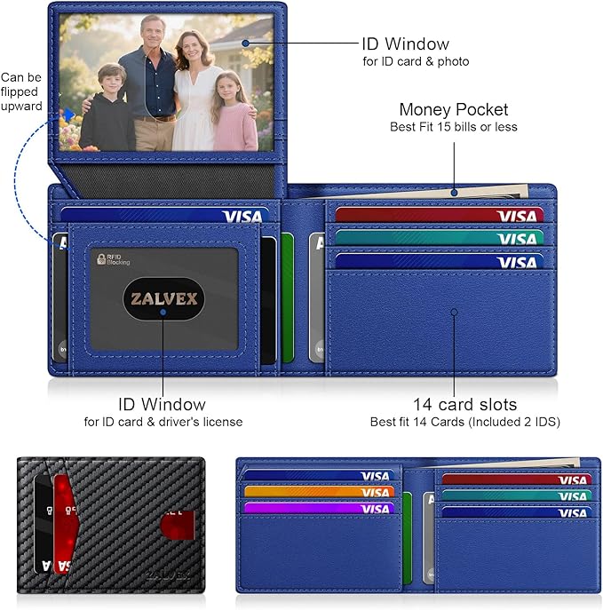 Wallet for Men Slim RFID Blocking Leather Credit Card Holder Wallet for 14 Cards, Bifold Minimalist Thin Wallet with 2 ID Windows & Cash Slot, Front Pockt Carteras Para Hombres, Birthday Gifts for Men