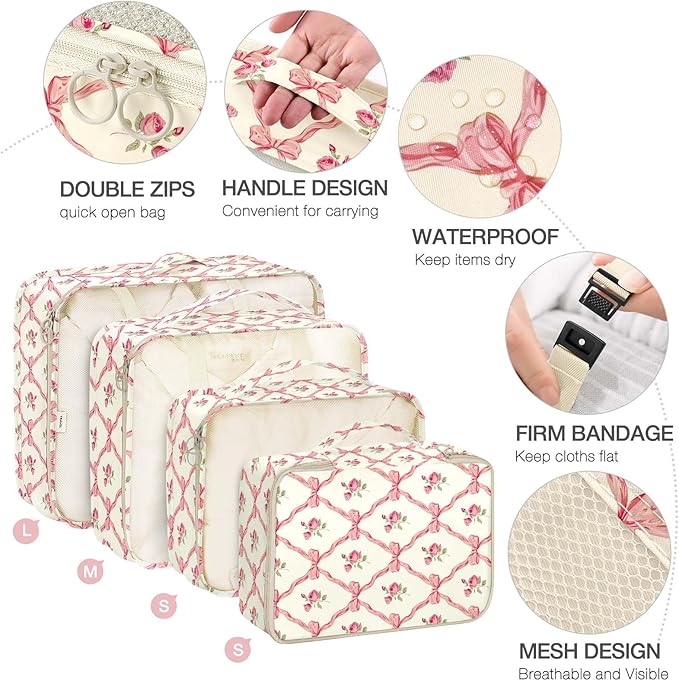 8 Set Packing Cubes for Suitcases,Packing Cube with Shoe, Cosmetics, Clothing, and Accessories Bags Packing Cubes for Travel Luggage Organizer Women Men(Bow Flowers)