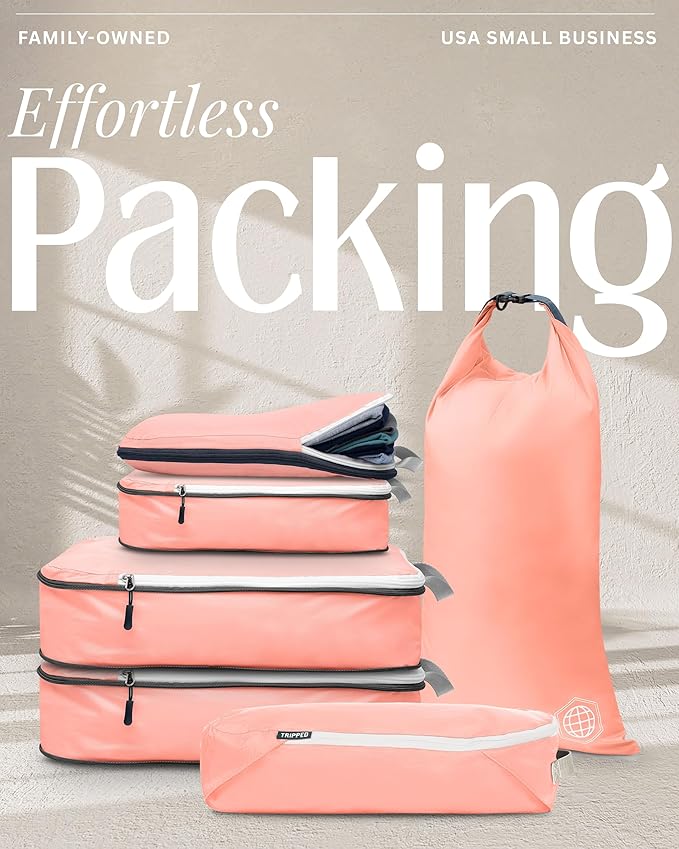 Compression Packing Cubes 6 Piece Set for Carryon Suitcases- Lightweight, Durable Clothes Organizer (Coral Rose)