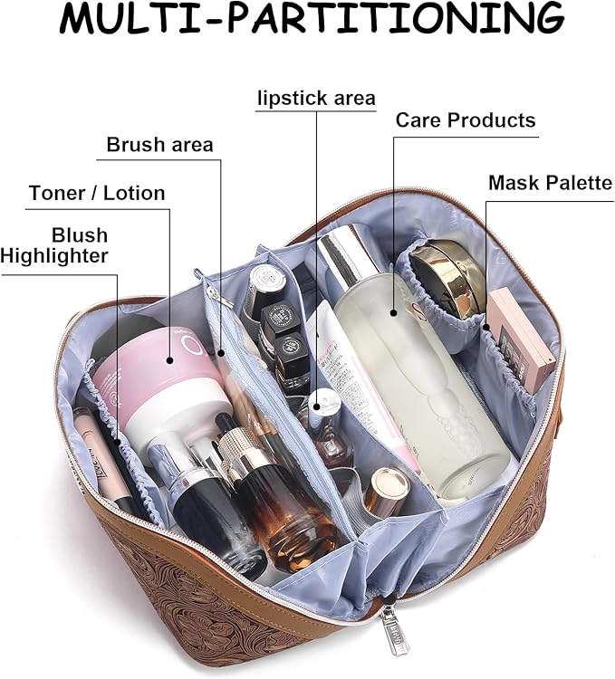 BOYATU Travel Makeup Bags Cosmetic Organizer Bag: 3 Pcs Set Large Capacity Floral Make up Bag with Compartments - Waterproof Leather Toiletry Bags with Handle for Women (19-Brown)