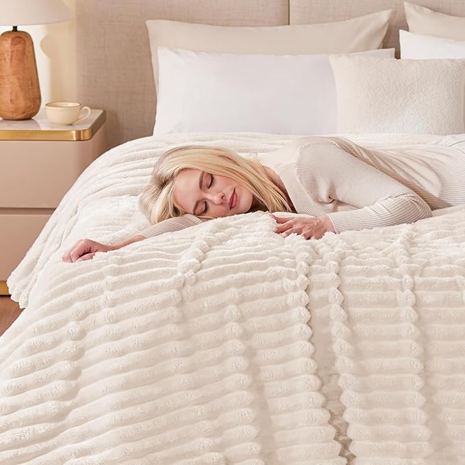 EXQ Home Fleece Blanket Twin Size for Couch or Bed - 3D Stripe Jacquard Decorative Blankets - Cozy Soft Lightweight Fuzzy Flannel Blanket Suitable for All Seasons(60"×80",Beige)