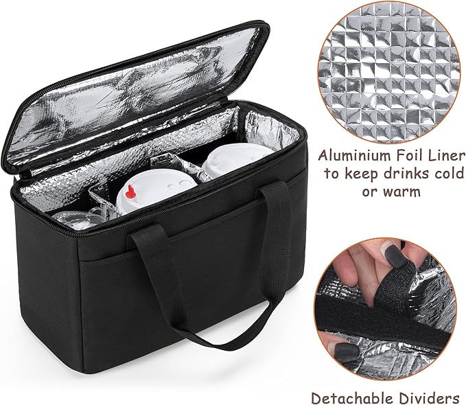 Trunab Reusable 3 Cups Drink Carrier for Delivery with Adjustable Dividers, Insulated Drink Caddy Holder Bag for Take Out, Beverages Carrier Tote with Handle for Outdoors, Patented Design, Black