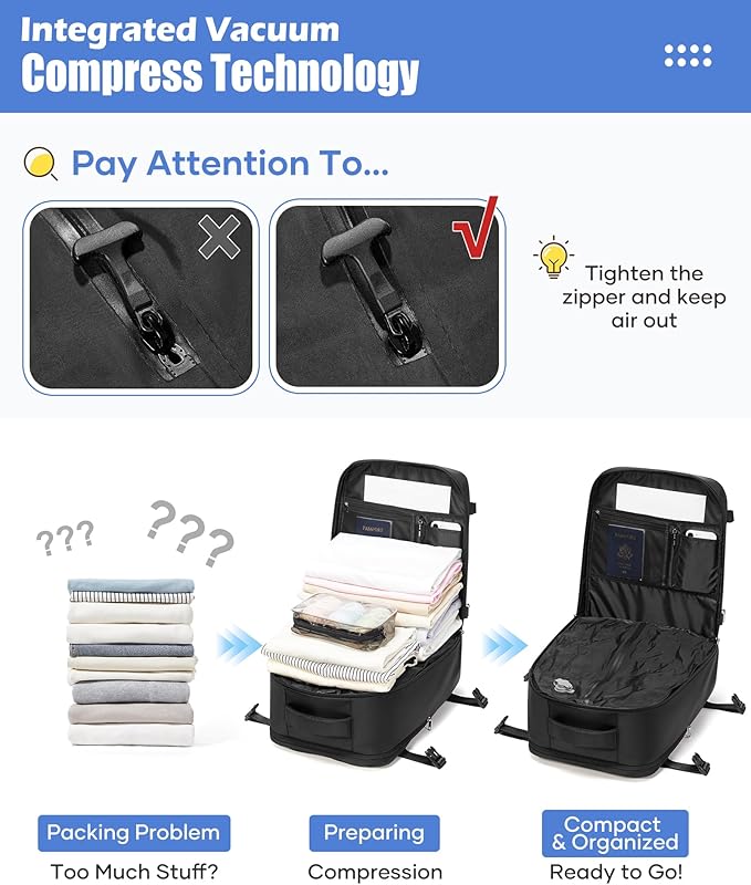 Vacuum Backpack Travel with Pump,Vacuum Sealed Backpack,Travel Backpack with Vacuum System,40x30x20 Airbag Travel,Laptop Vacpack Backpacks Bag Airline Flight Approved,Black
